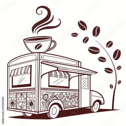 Whimsical coffee truck illustration with steaming cup and falling beans on white background