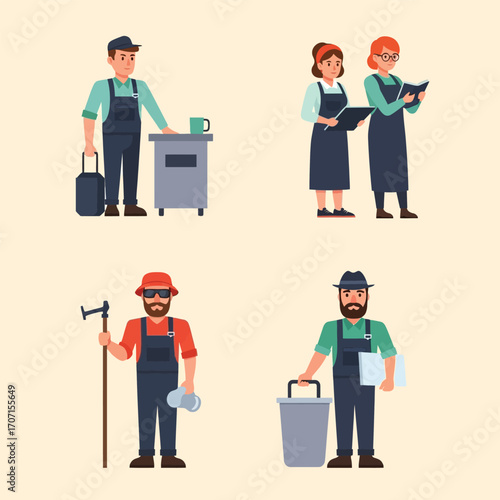 Four diverse individuals in work attire, each holding various tools and accessories.