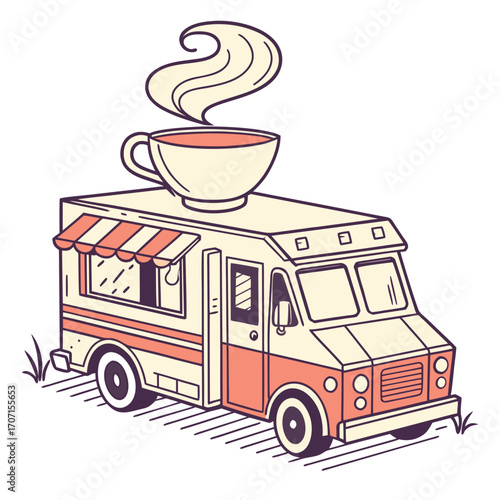 Whimsical illustration of a charming coffee truck with a steaming cup on its roof