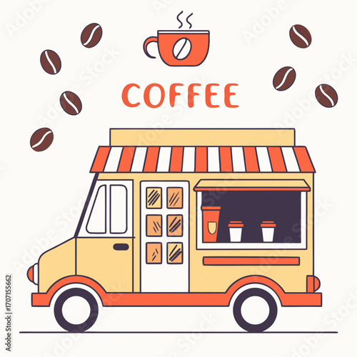 Charming illustration of a yellow coffee truck with orange accents and steaming coffee cup above