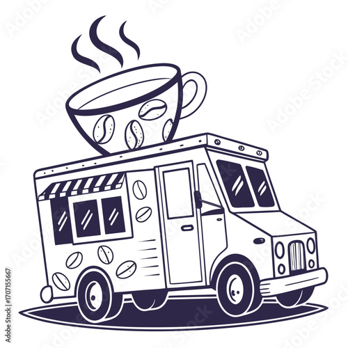 Whimsical cartoon coffee truck with steaming cup and coffee beans illustration