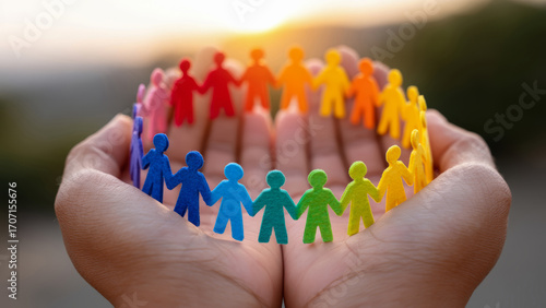Diversity inclusion workplace concept with colorful paper people holding hands in human hands symbolizing unity and support in bright sunlight