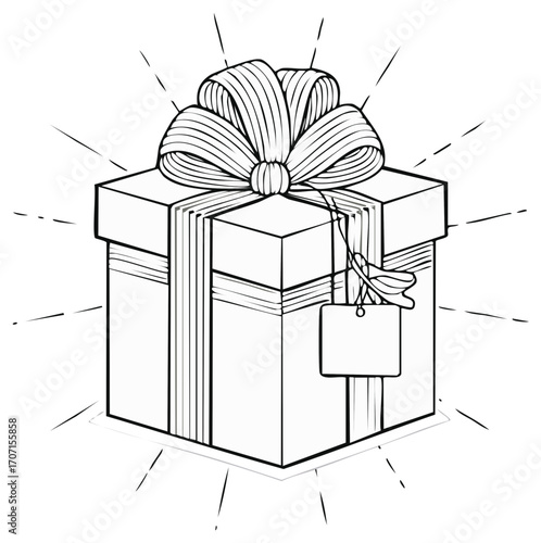 Elegant gift box with ribbon and blank tag in a minimalist line art style