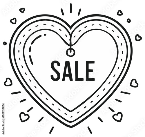 Heart sale tag, line art style. Promotion badge with doodle hearts. Shopping discount template.