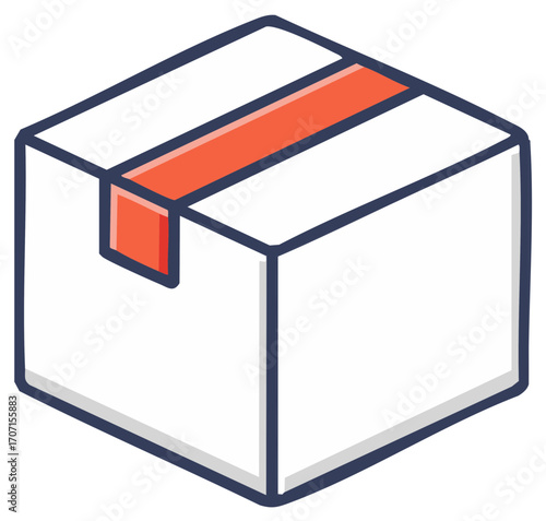 Simple cartoon style white cardboard box with orange tape