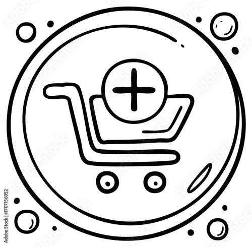 Hand Drawn Shopping Cart with Plus Symbol Icon Illustrating Adding Items to Cart