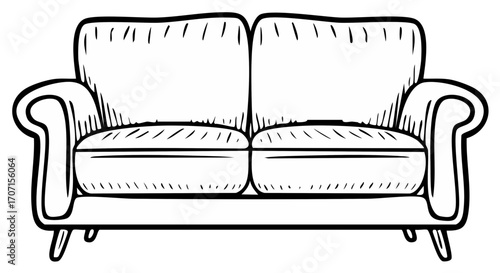 Hand drawn black outline illustration of a comfortable two seat living room couch