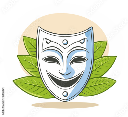 Joyful theatrical mask adorned with green laurel leaves symbolizing victory and triumph