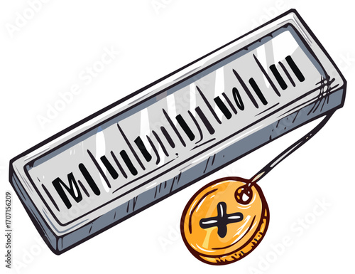 Vector illustration of an old battery tester with a ruler-like scale and round probe.