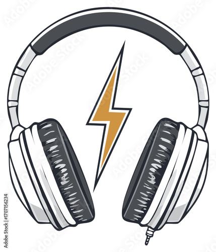 Over ear headphones with lightning bolt illustration for music audio energy