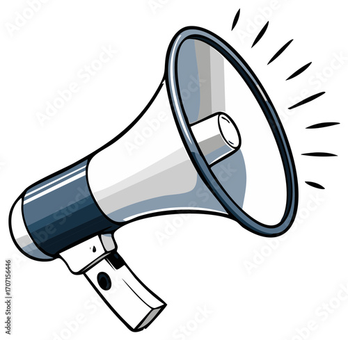 Hand drawn comic style illustration of a loud megaphone making an announcement with sound waves