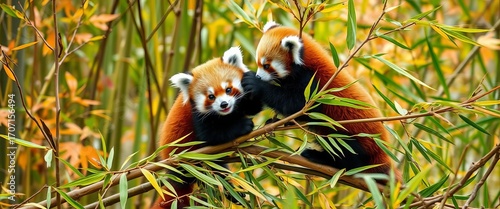 Two red panda cubs playfully tussle over bamboo stalks in a vibrant autumnal sanctuary,  bamboo,  mammal