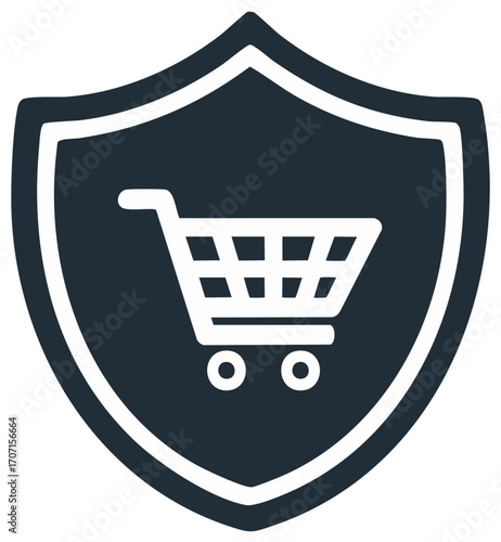 Shopping cart protected by a shield symbol for secure online shopping and e-commerce safety