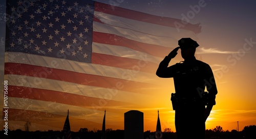 Police officer saluting American flag at sunset