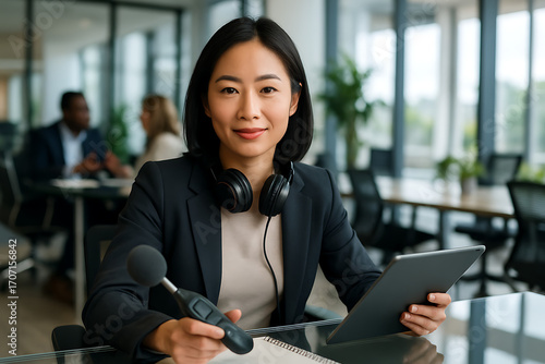 Confident Professional with Technology: A poised professional in a modern office setting, holding a tablet and sound level meter, embodying competence and expertise.