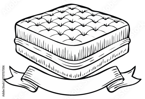 Bed mattress with tufted surface and an empty banner ribbon design element in sketch style