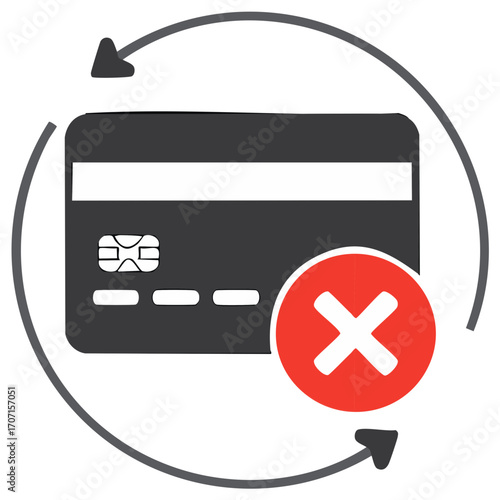 Declined credit card transaction illustration with circular arrows and red error symbol