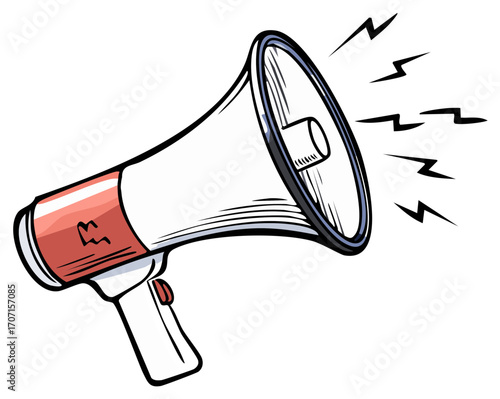 Red and white megaphone with sound waves, illustration, announcement loudspeaker.