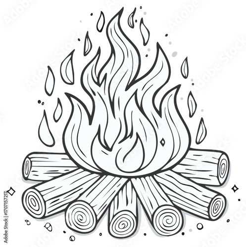 Hand-Drawn Campfire Clip Art: Roaring Flames and Burning Logs for Adventure Themed Designs