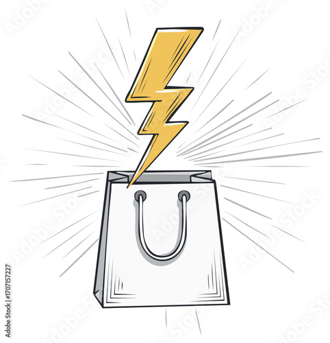 Yellow lightning bolt bursts from shopping bag representing speed power and a great deal