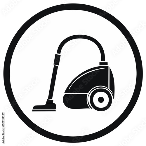 Simple black and white illustration of a modern vacuum cleaner inside a circular frame
