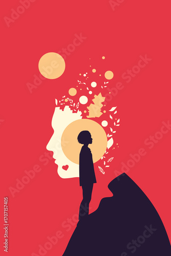 Silhouette child with abstract female head – psychology, inner world and imagination concept illustration