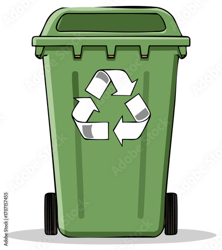 Green waste recycling bin with wheels and arrow logo, clean environment concept