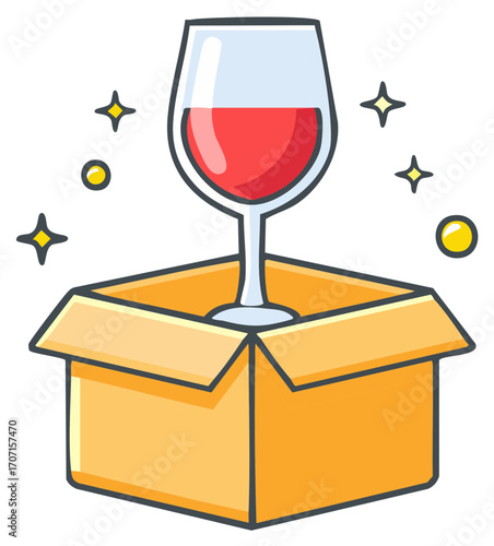 Red wine glass with sparkles emerging from an open delivery box gift concept
