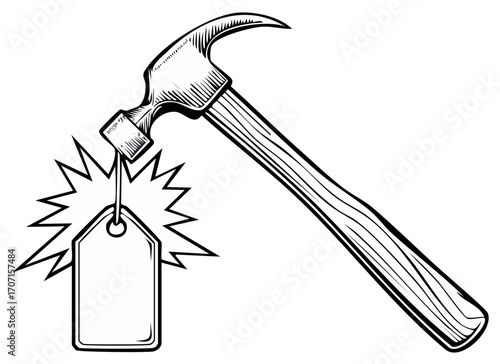 Hammer striking a price tag symbol with a dramatic burst effect