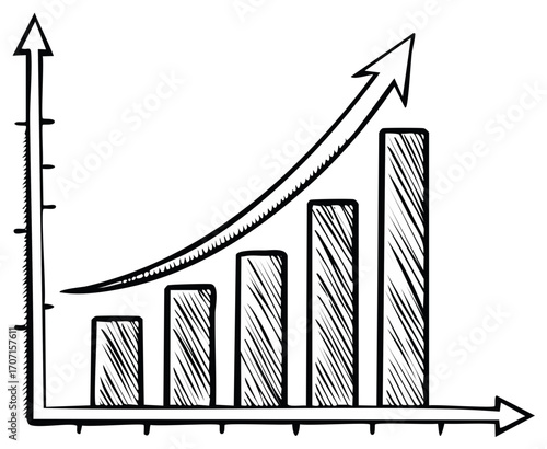 Sketch doodle of a growing bar graph with an upward arrow symbolizing financial success and progress