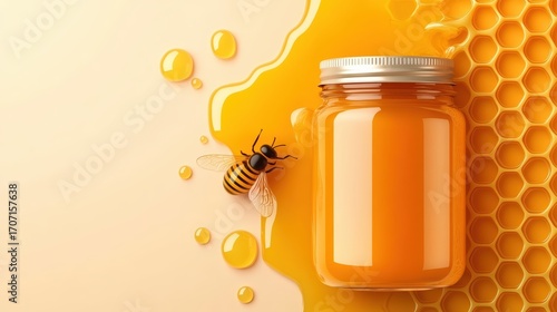 A vibrant image featuring a jar of honey next to a honeycomb and a bee, Ideal for culinary, health, or nature-themed projects and marketing materials, Great for food blogs or organic product ads,