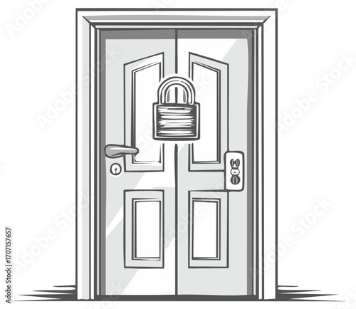 Sketchy illustration of a closed door with a padlock, door handle, and door frame.