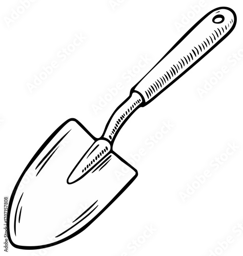 Hand drawn illustration of a garden trowel with a long handle and a curved scoop