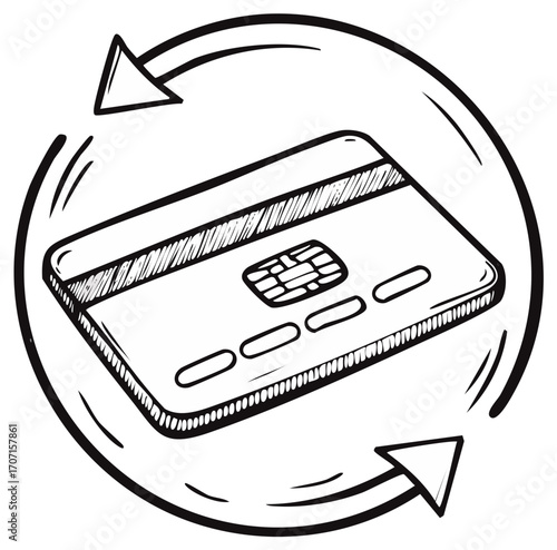 Credit Card with Arrow Circular Rotation Doodle Sketch, Payment Cycle Illustration
