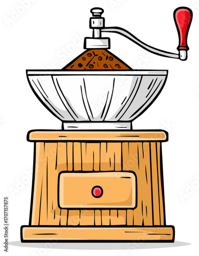 Illustrated Coffee Grinder with Beans Freshly Ground into Bowl Preparation Process
