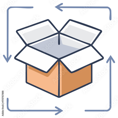 Illustrated open shipping box with circular arrows depicting a process flow