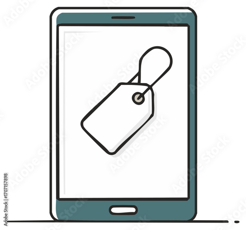 Hand drawn smartphone illustration with a price tag symbol for online shopping and sales