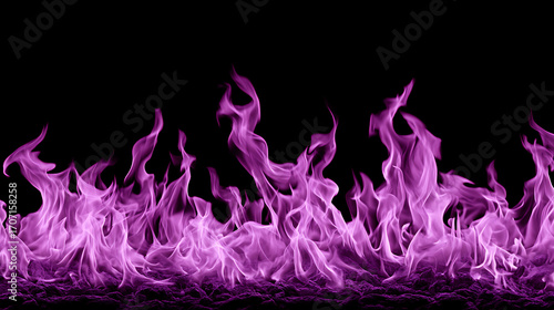 Purple flames and fire on black background with glowing light, abstract energy, burning smoke, vibrant color and mystical atmosphere concept.