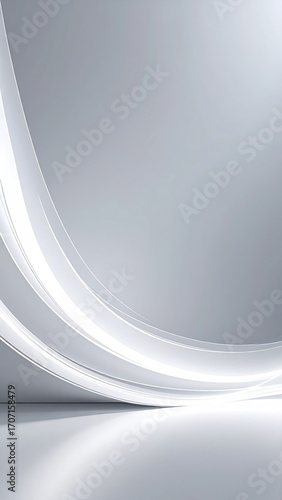 Minimalist silvery gradient scene. Bright white lines curve creating abstract, modern effect against reflective gray backdrop