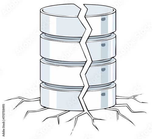 Cracked database concept illustration, rooted server data, data storage failure