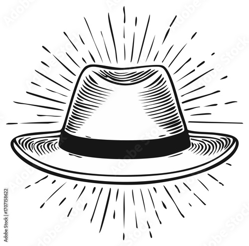 Vintage-Style Fedora Hat with Sunburst Graphic, Stylish Headwear Icon