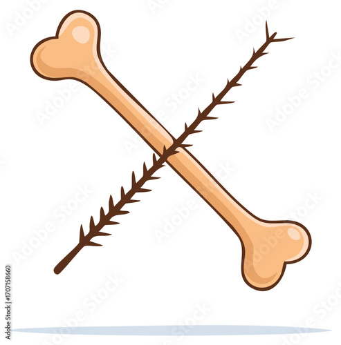 Crossbones Icon Symbol with Cleaned Fish Skeleton and Animal Bone