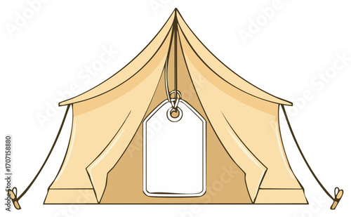 Camping tent illustration with a hanging price tag. Outdoor activity concept.