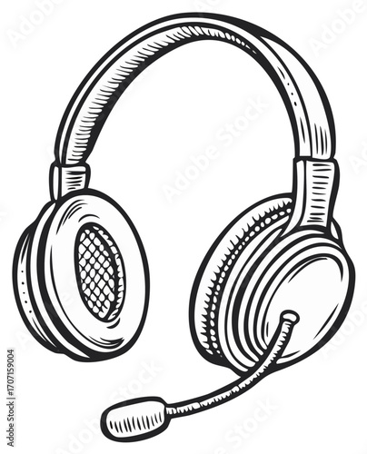 Hand Drawn Headset with Microphone for Audio Communication and Gaming Vector