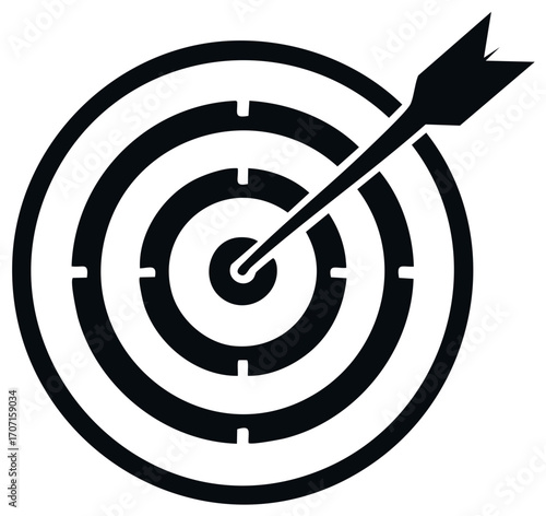Black and white image of a target with an arrow hitting its center