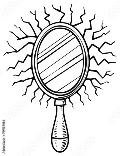 Oval hand mirror with radiating cracks, line art illustration