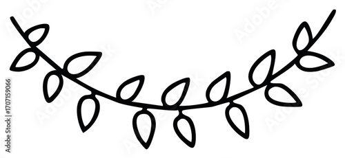 Simple hand drawn black vine with leaves in a curve shape