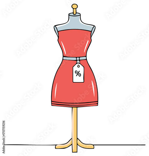Red dress on mannequin with percentage sale tag illustration