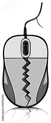 Broken computer mouse with a jagged crack down the middle symbolizing failure or disconnection