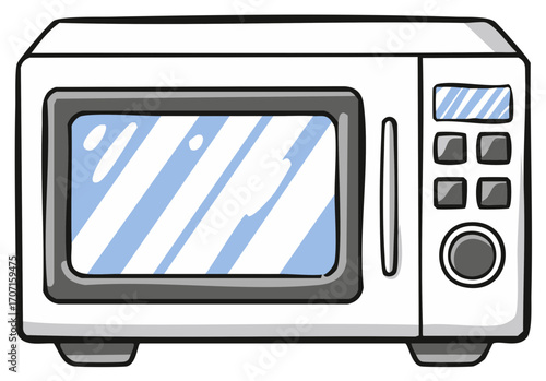 White cartoon microwave oven illustration with blue reflective screen and modern control panel